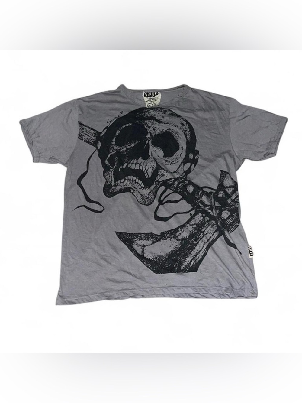 Y2K Sure Moonflower Skull Axe Distressed AOP Graphic T-Shirt